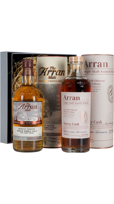 Arran bs peated rum sherry cask set bottles tubes trimmed 2 png no reflection trimmed le1500  72dpi %282%29 product listing rebrand