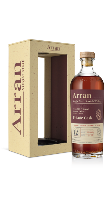 Arran 2026 12yo private cask sherry hogshead bottle box 45deg 1000x1000 png 72dpi product listing rebrand